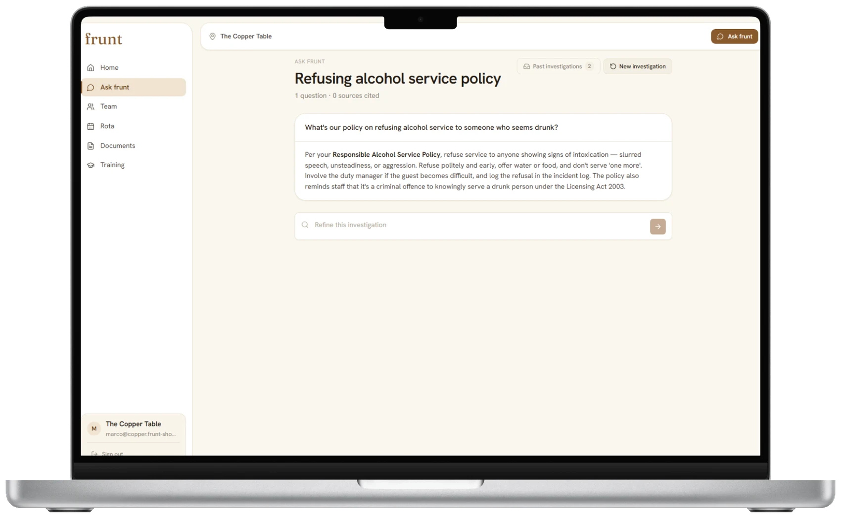 An Ask frunt answer on the dashboard — a sourced, editorial brief drawn from the restaurant's own documents.
