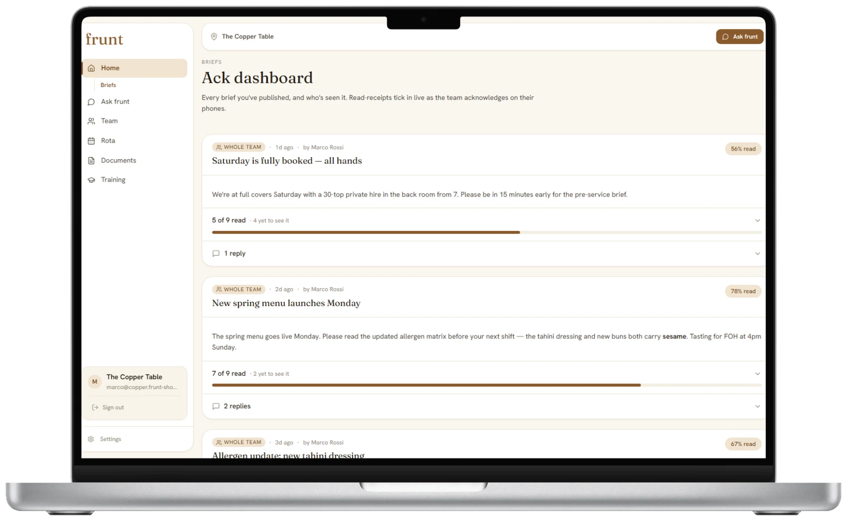 The acknowledgement dashboard — every published brief with live read-receipt percentages and reply counts.