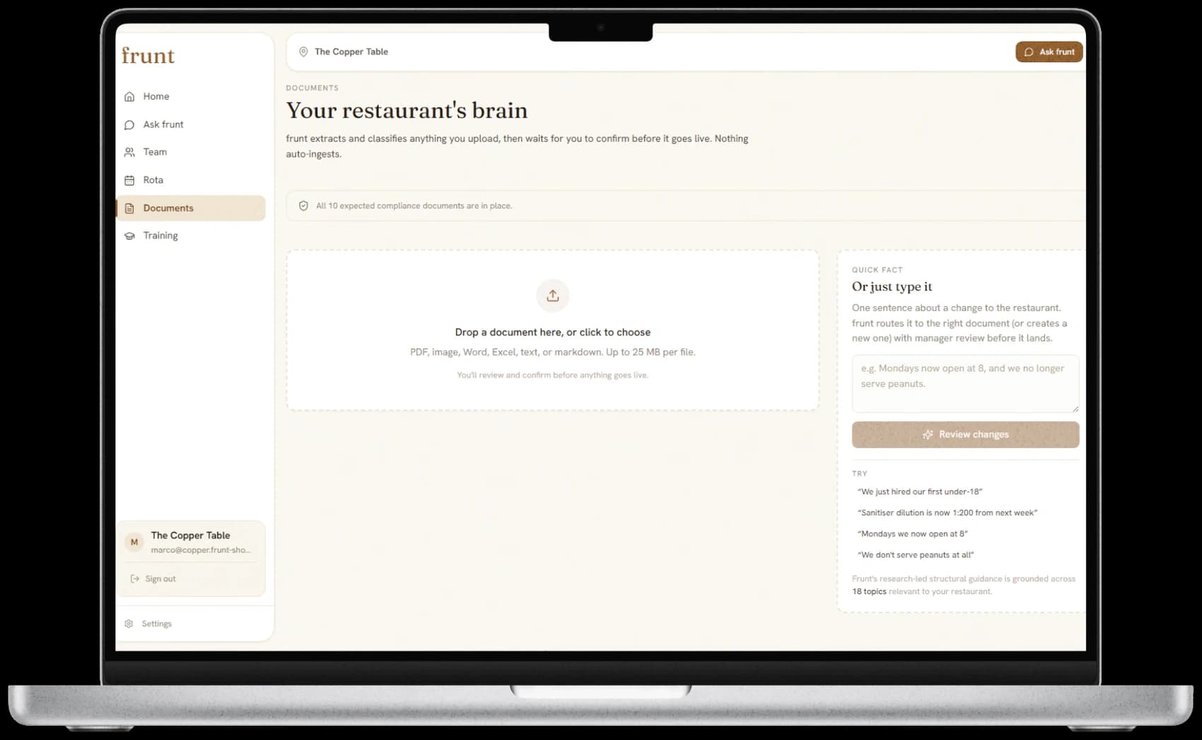 frunt's document library on the manager dashboard — every uploaded document, classified and tiered by who can see it.