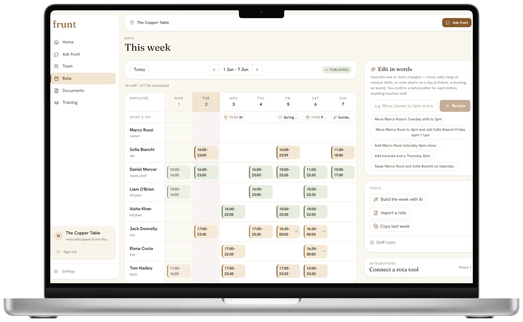 The rota — a week's shift grid with day context, 'edit in words' scheduling, and a payroll-hours summary.