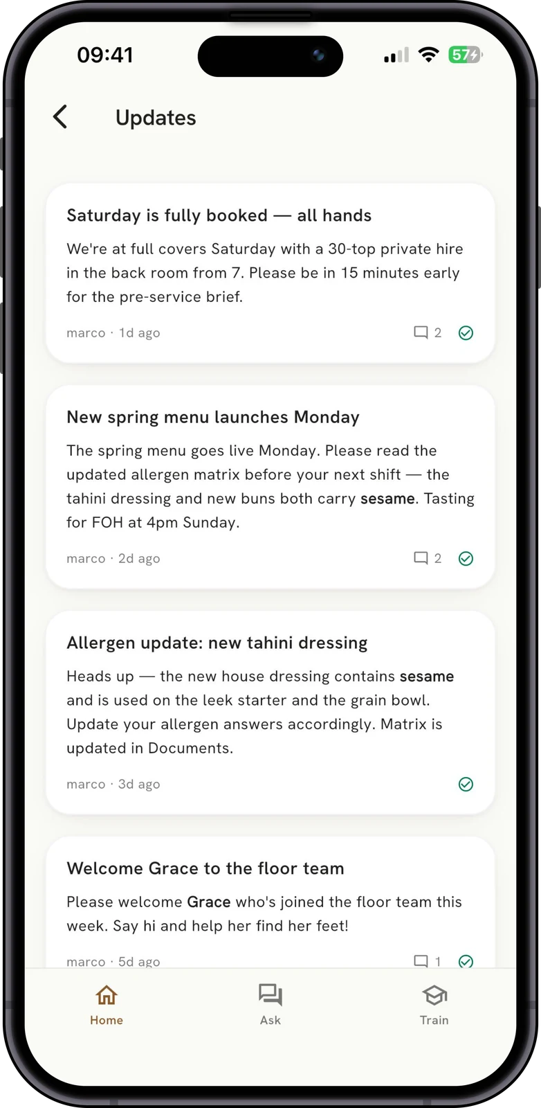 The same updates landing in the staff app as clean cards.