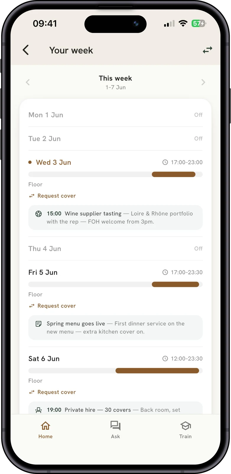 A staff member's week of shifts in the app, published live from the rota.