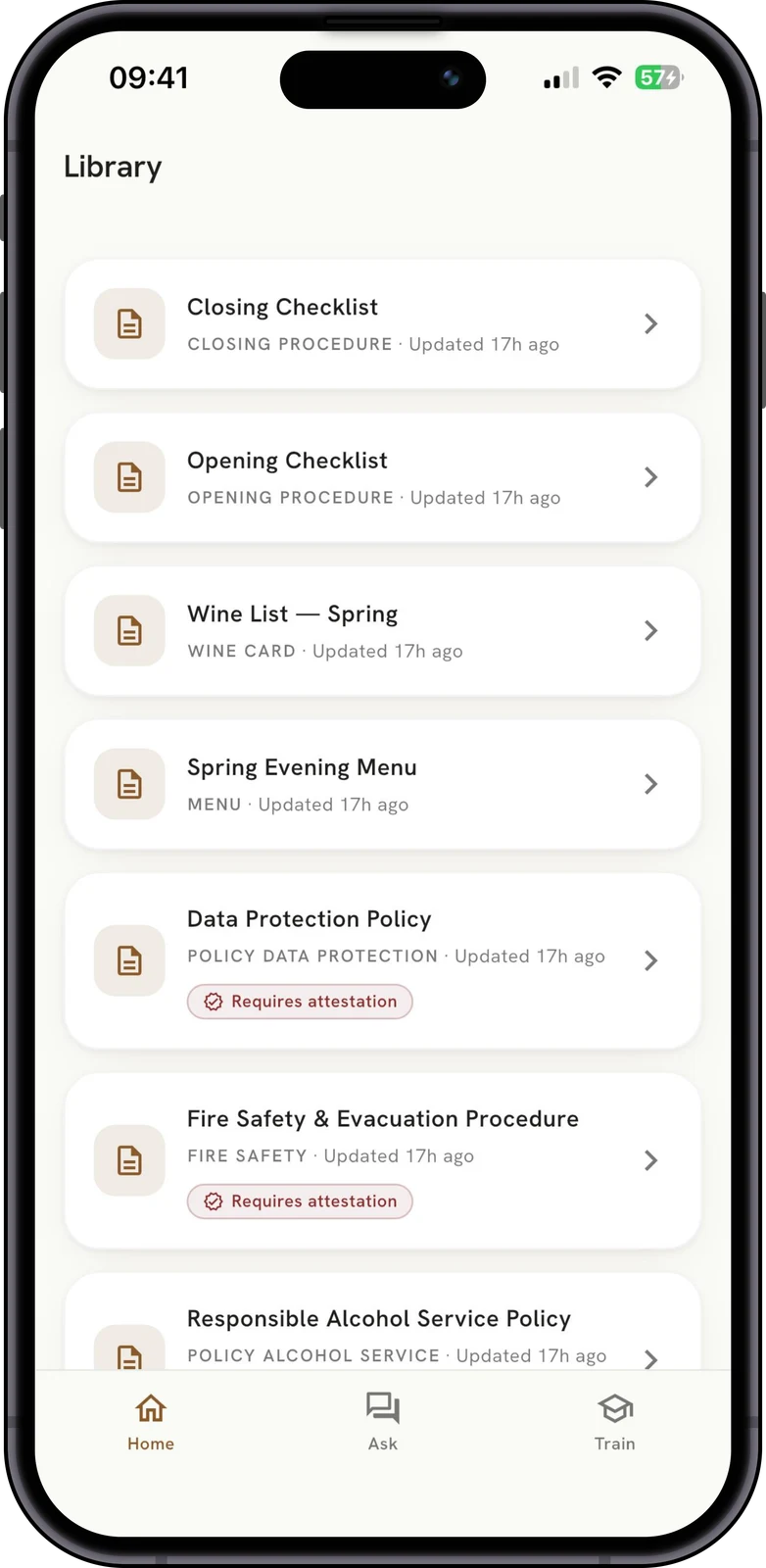 The staff app library — the documents that are theirs, on their phone.