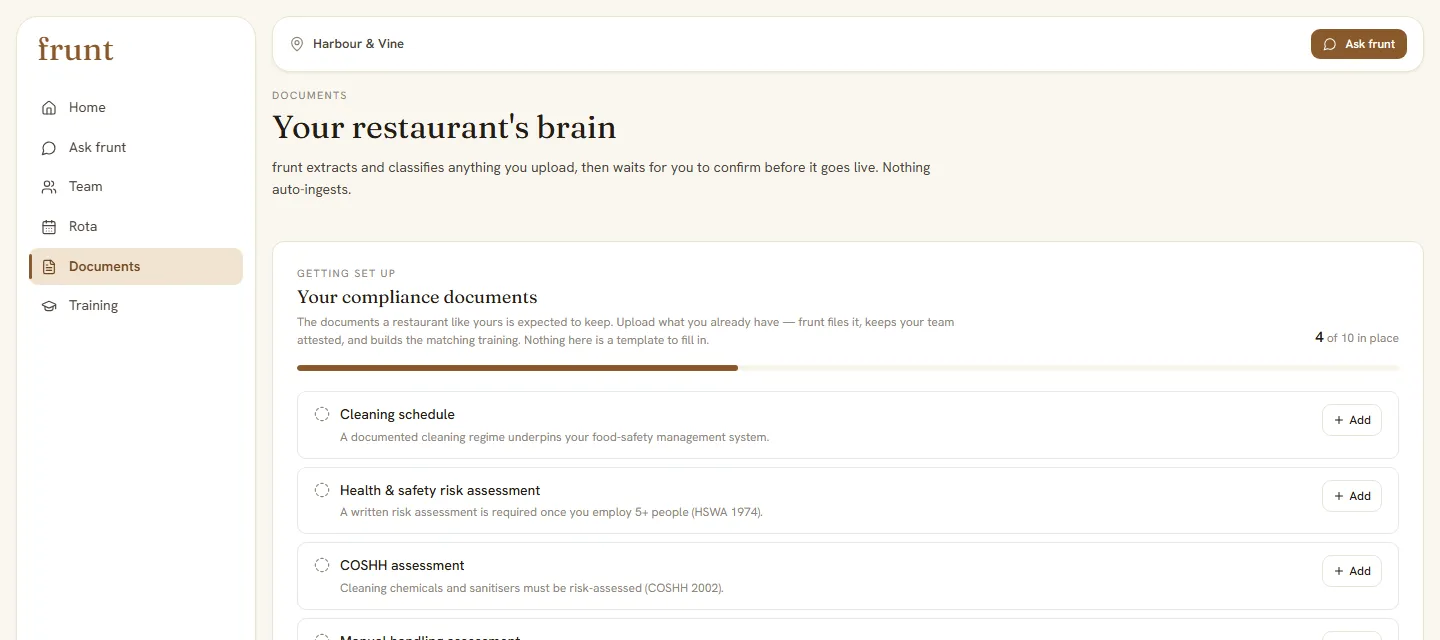 Onboarding readiness — a new restaurant's compliance checklist showing what's in place and the rest to add.